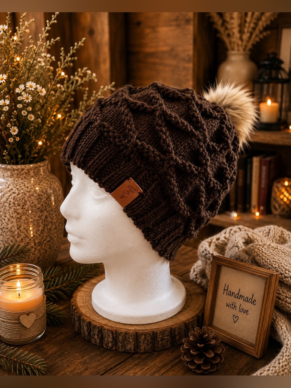 Handmade Brown Knit Beanie with Faux Fur Pom - Picture 3 of 3